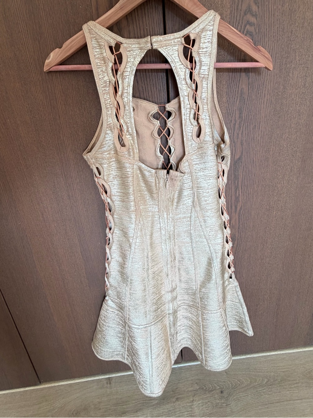Herve Leger Metallic Gold Lace-Up Mini Dress - Picture 2 of 2